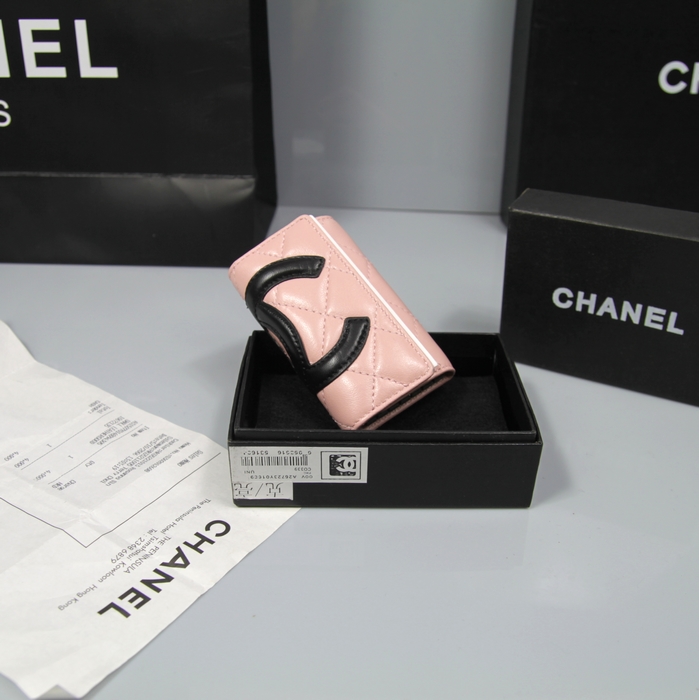 AAA Chanel Leather Black CC Logo Tri-Fold mini Wallets A26723 Pink Online